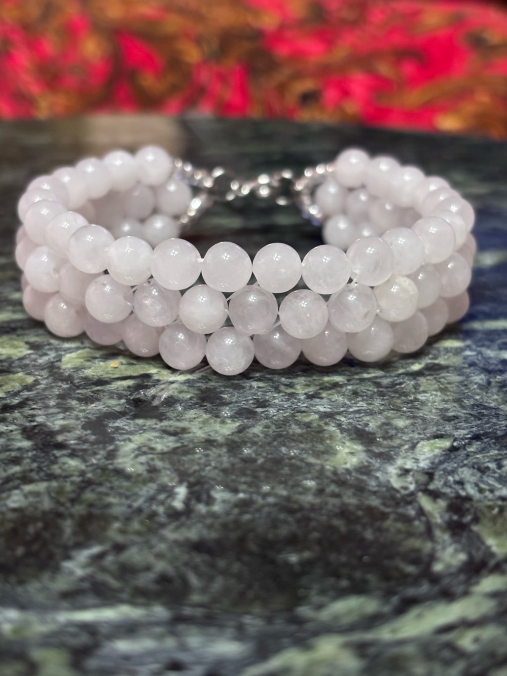 Handmade White Jade Beaded Triple-Row Bracelet 7.5 inches